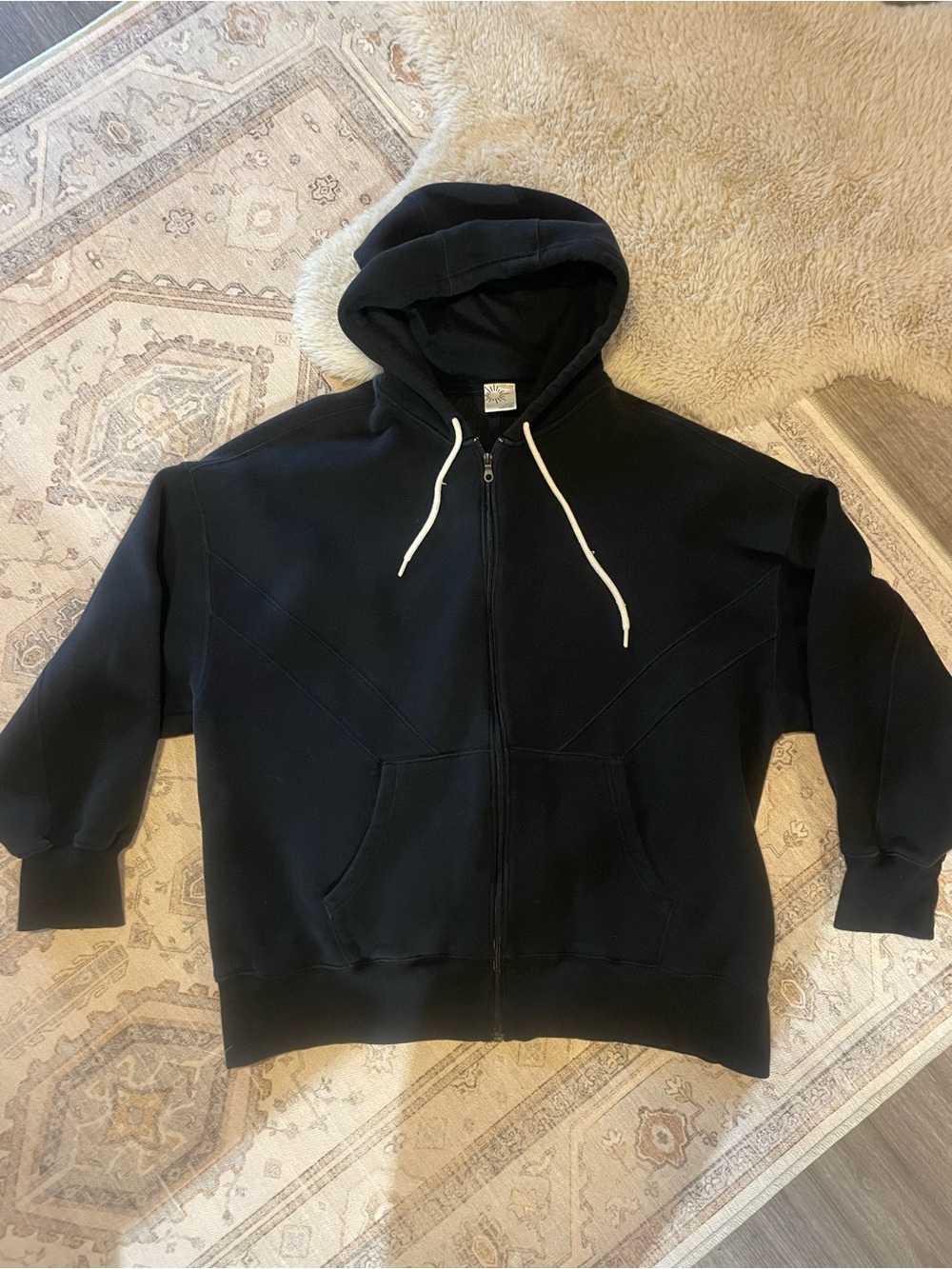 aerie Black Full-Zip Hoodie with White Drawstrings
